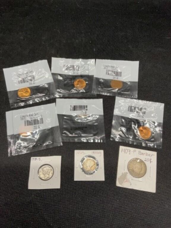 Six UNC Pennies, Mercury Dimes, Barber Quarter