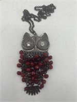 Vintage Owl Necklace with Big Rhinestone Eyes
