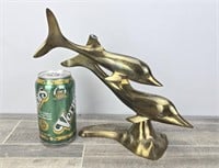 9" BRASS DOUBLE DOLPHINS SWIMMING SCULPTURE