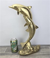 16" BRASS DOUBLE DOLPHINS SWIMMING SCULPTURE