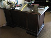 Mahogany desk w/ misc office supplies