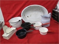 Enamel ware assorted pans, dishes.