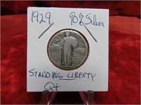 1929 90% SILVER Standing Liberty quarter US Coin.