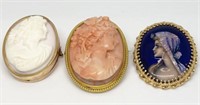 Lot: Three 10K or 14K Cameo Brooches or Pendants.