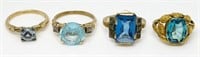 Four 10K to 14K Antique Rings w/ Blue Stones.