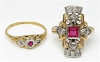 Lot: 2 Two Tone Gold, Diamond, and Ruby? Rings.
