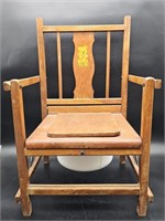 Vintage Wooden Potty Chair w/ Enameled Bowl