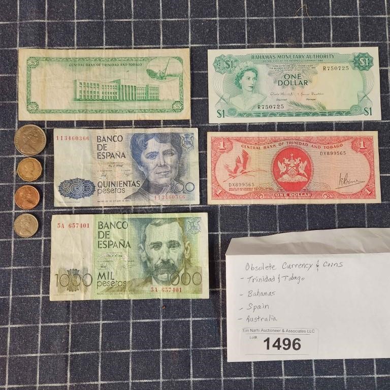 D2 9pc Obsolete Currency: Trinidad, Bahamas, Spain