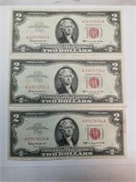 OF) (3) 1963 red seal $2 us notes