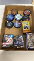 Hockey pucks some  signed, hockey cards and more