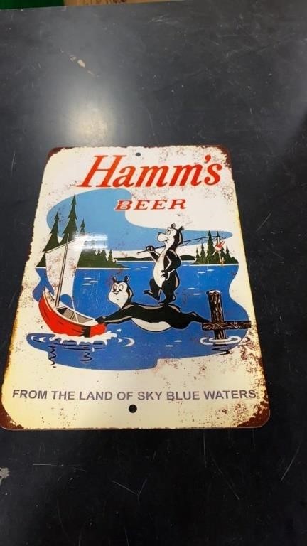 Hamms beer bear fishing metal sign