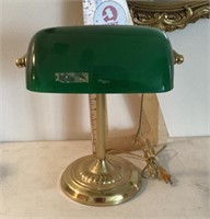 Banker's desk lamp with green glass shade