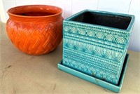 8" & 9" orange & green ceramic planters