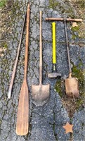 pry bar, boat oar, garden tools, sledge hammer