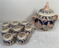 GERMAN pottery beverage serving bowl & mugs