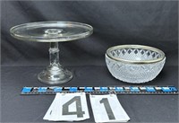Glass 11” cake plate, 8 “ glass bowl