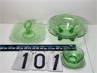 Green Depression Bowl 11”, Sandwich plate 9 12”