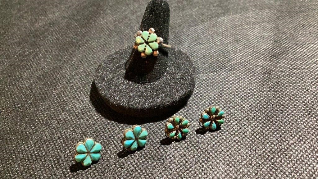 Turquoise Ring and 2 Pair Earrings