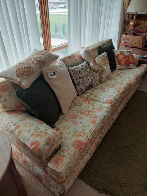 Upholstered couch, 8 ft long, brand name unknown
