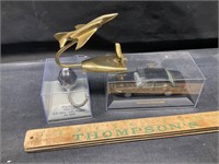 Brass plane on stand, Pilot Helmet, Diecast