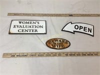 3 CAST IRON SIGNS 'OPEN '  'BEWARE OF WIFE'