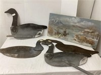 4 WOODEN GEESE AND PAINTING