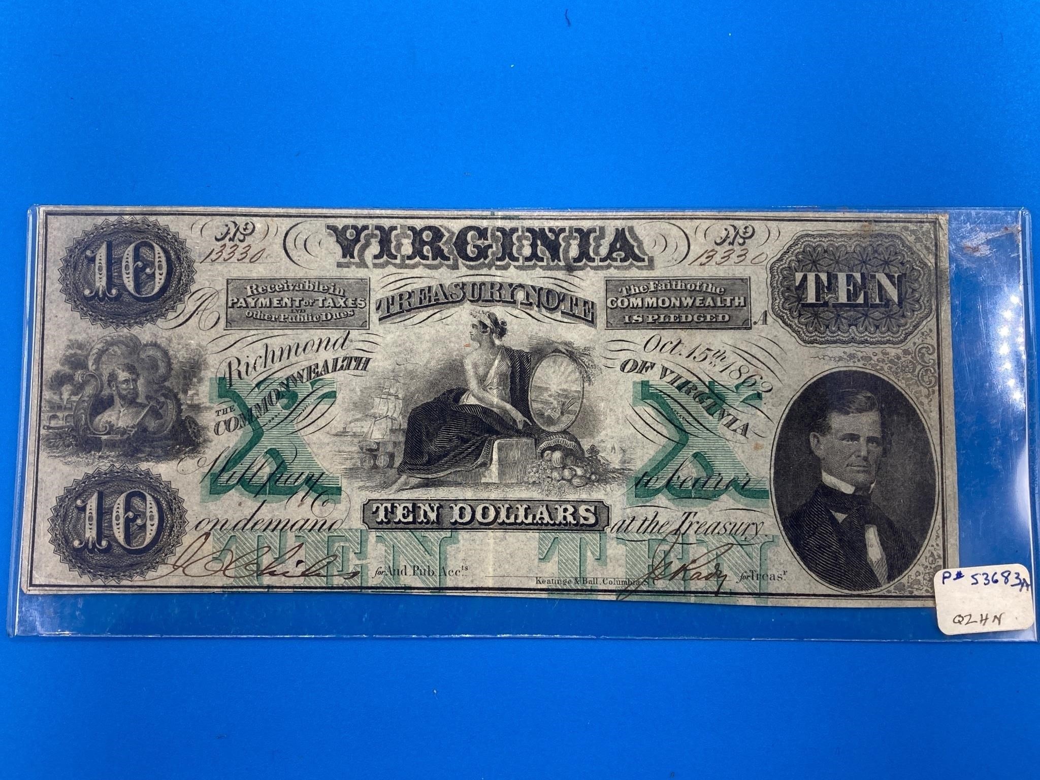 1862 Commonwealth Of Virginia 10 Dollar Note