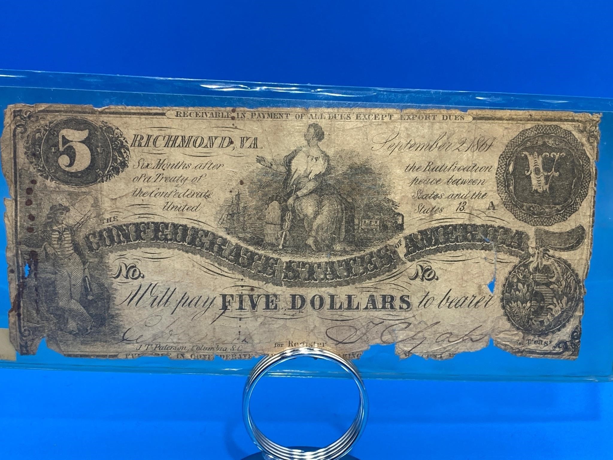 1861 Confederate States Of America 5 Dollar Note