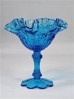 BLUE FENTON ROSE GLASS COMPOTE