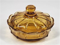 AMBER FOSTORIA COIN SPOT COVERED CANDY DISH