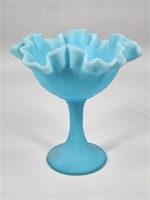 VINTAGE FENTON BLUE SATIN GLASS COMPOTE