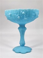 VINTAGE FENTON BLUE SATIN GLASS FLOWER COMPOTE