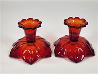 PAIR OF RUBY RED GLASS FLOWER CANDLESTICKS