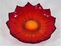 VINTAGE RUBY RED FLOWER GLASS CONSOLE BOWL
