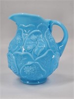 FENTON BLUE GLASS WATER LILY PITCHER