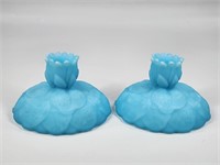 FENTON BLUE SATIN GLASS WATER LILY CANDLESTICKS