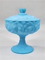FENTON BLUE SATIN GLASS WATER LILY COVERED DISH