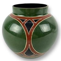 Cobalt Blue Vase W/ Enameled Green & Red Overlay