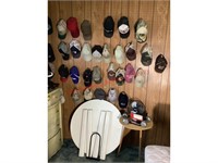 Assorted Trucker Hats, Plastic Table, Weights,