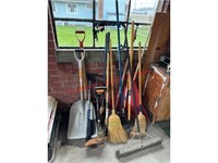 Assorted Lawn Tools: Brooms, Shovels, Rakes &