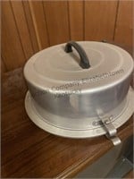 Metal cake plate and lid, serving platters, wood