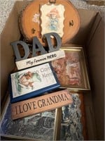 Box lot of pictures and wall hanging items