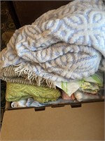 Large box of linens, sheets, bedspread, towels