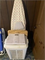 Ironing board, plastic clothes hamper , scales