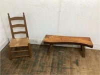 CHILDS LADDER BACK CHAIR AND WOODEN  BENCH