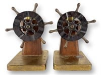 Chase USA Bookends Wood Brass & Bakelite 'Helm'