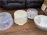 2 box lot of plastic cake pans, vegetable dishes