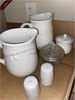 2 white ceramic pitchers, salt pepper shakers and