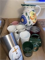2 box lot coffee mugs, ceramic pitcher,