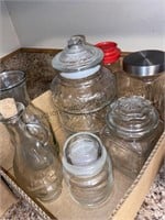 Box of glass canisters and more
